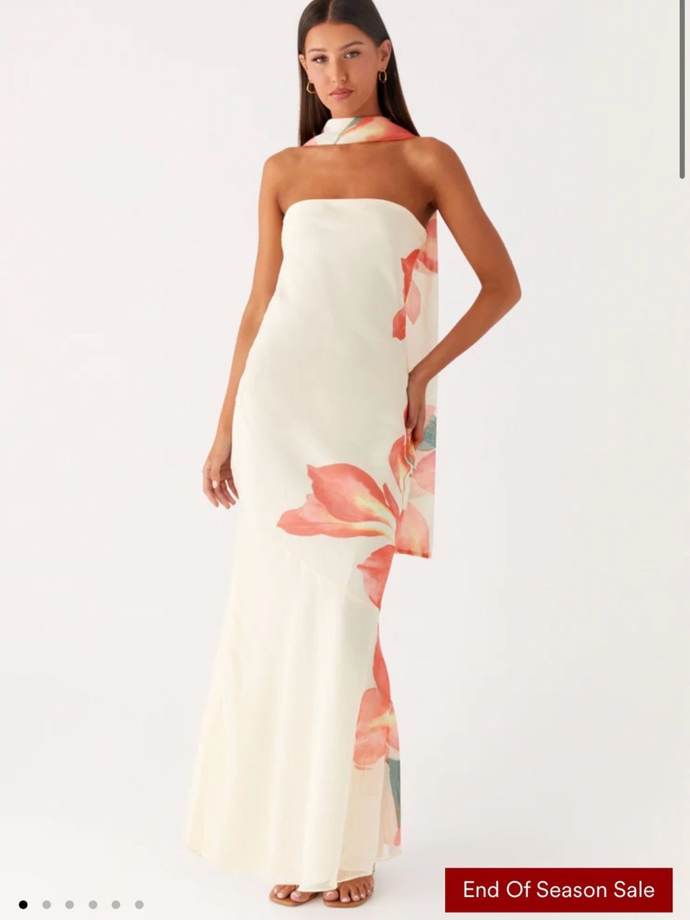 Strapless Cream Maxi Dress with Coral Floral Print - Picture 2 of 3